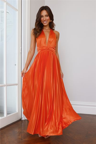 Hello Molly Shimmering Sea Pleated Halter Maxi Dress Orange