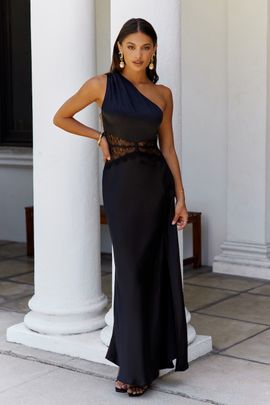 Hello Molly Show You Love One Shoulder Satin Maxi Dress Black