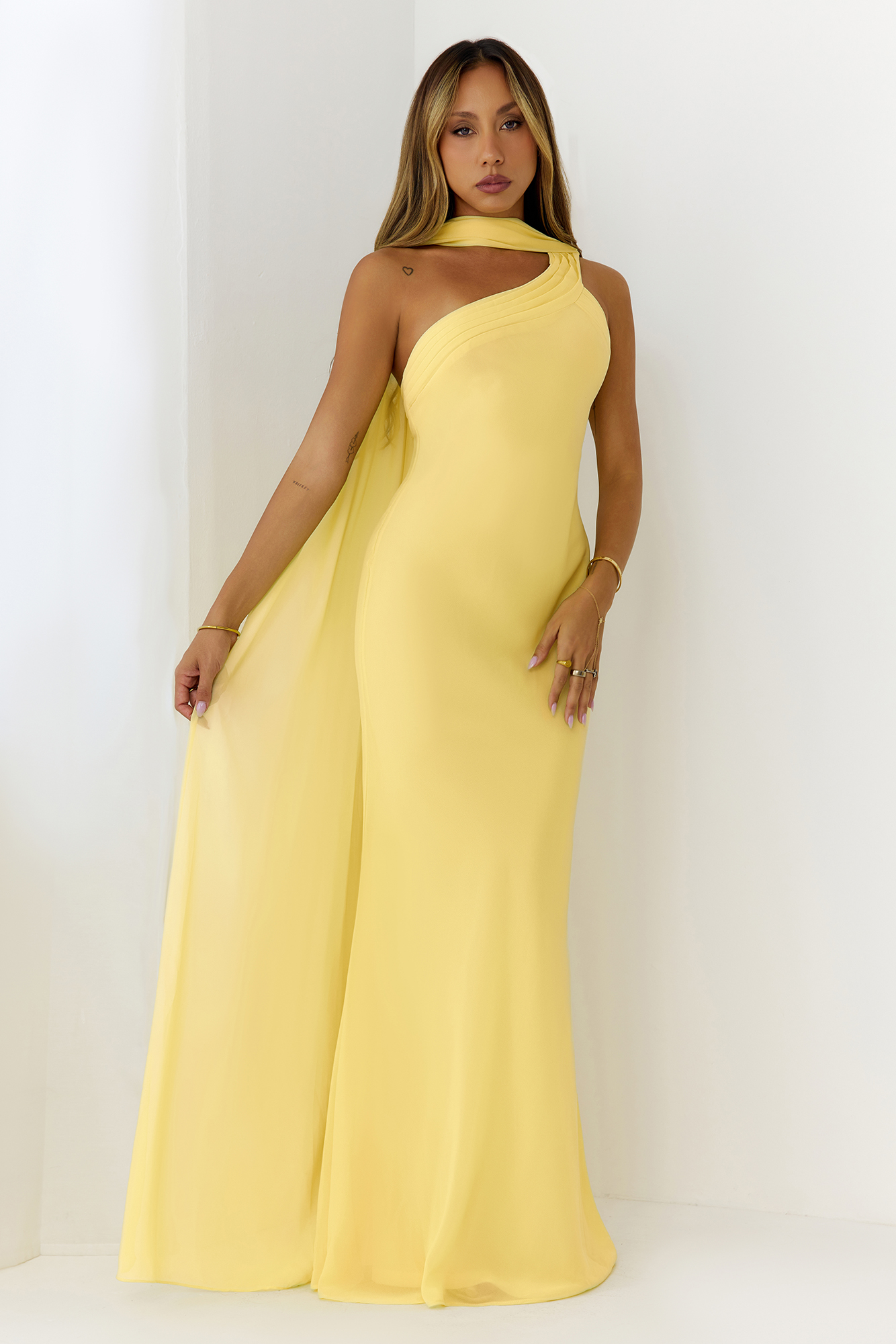 Hello Molly Sultry Drape One Shoulder Maxi Dress Yellow