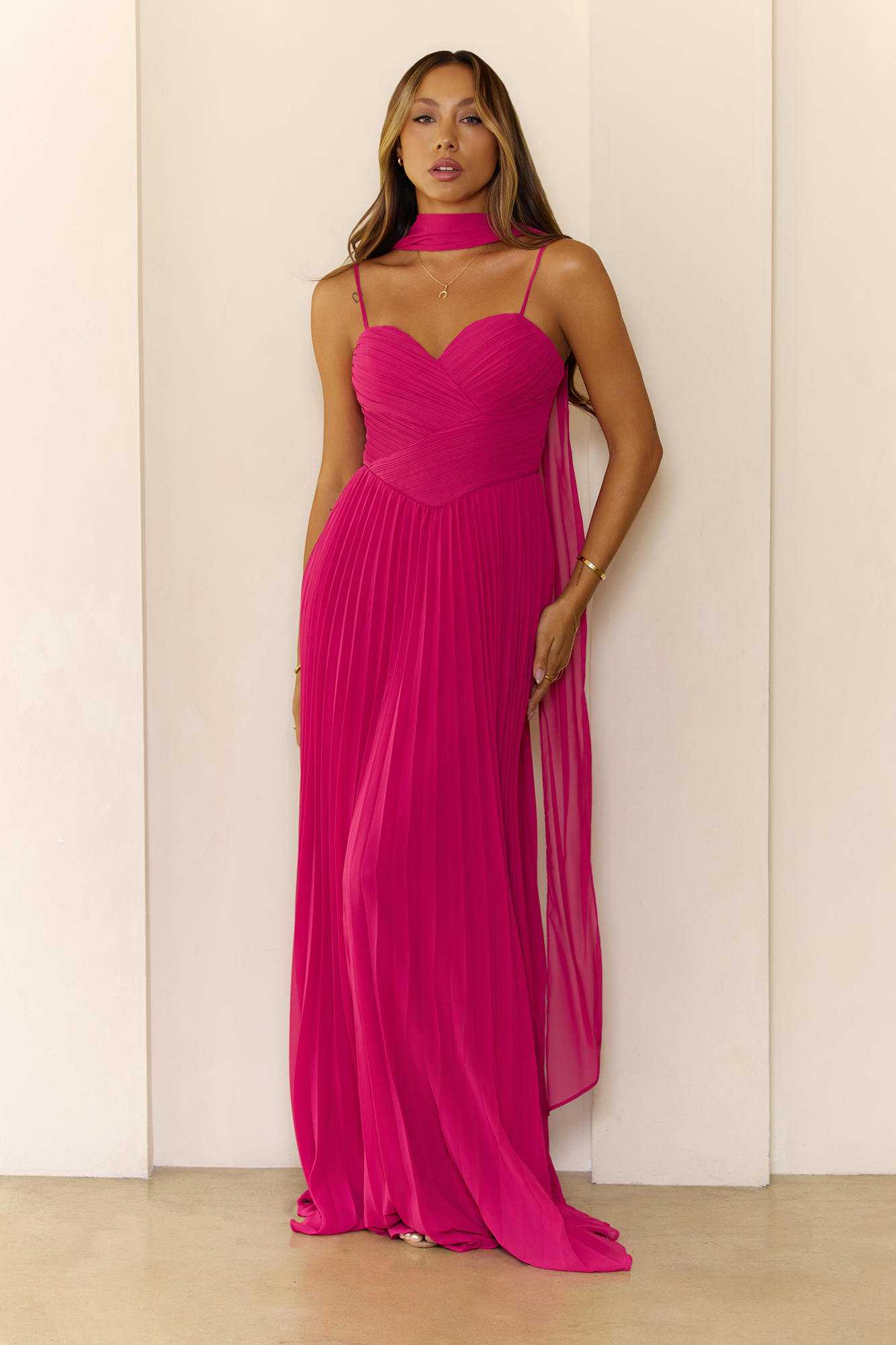 Hello Molly Sweetheart Pleated Scarf Maxi Dress Hot Pink
