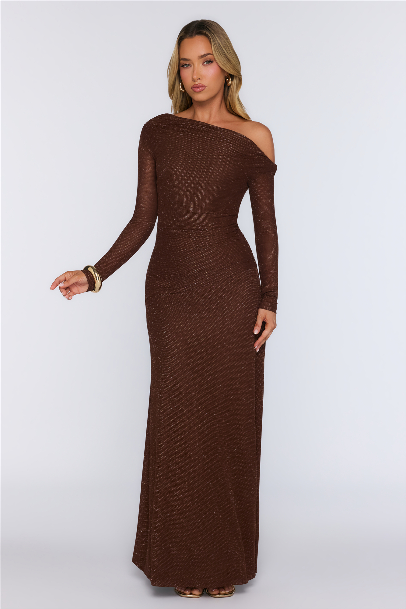 Hello Molly The Style Issue Mesh Off Shoulder Maxi Dress Brown