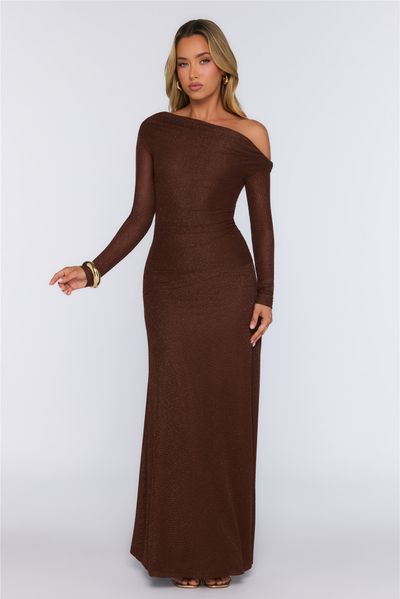 Hello Molly The Style Issue Mesh Off Shoulder Maxi Dress Brown