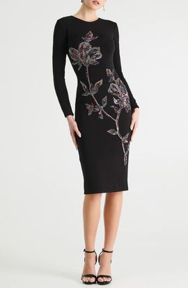 HELSI HELSI Ivy Beaded Floral Long Sleeve Body-Con Cocktail Midi Dress
