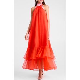 HELSI HELSI Romy Floral Appliqué Tiered Crinkle Chiffon Halter Dress