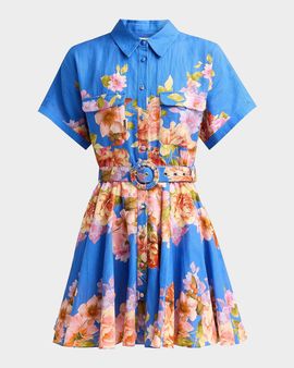 Hemant & Nandita Floral Linen-Cotton Belted Mini Shirtdress