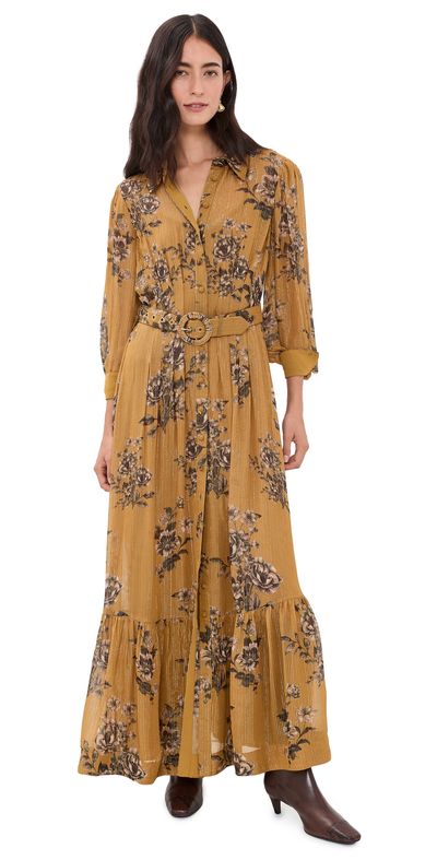 Hemant and Nandita Hemant and Nandita Long Shirt Dress with Buckle Belt & Slip Gold