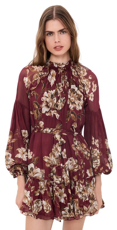 Hemant and Nandita Hemant and Nandita Ruffled Mini Dress with Self Tie Up Burgundy