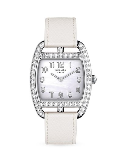 HERMÈS Women's Cape Cod Tonneau Stainless Steel, 1.3 TCW Diamond & Leather Strap Watch