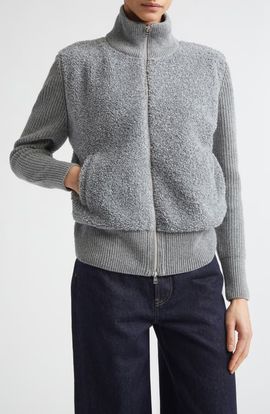 Herno Herno Mixed Media Wool Rib & Curly Fleece Cardigan