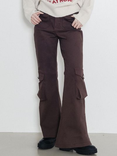 HIGHSCHOOLDISCO Pocket Cargo Boot-Cut Cotton-Spandex Pants [Brown]
