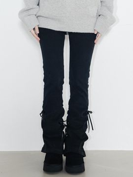 HIGHSCHOOLDISCO Ribbon Shirring Boot-Cut Cotton Pants [Black]