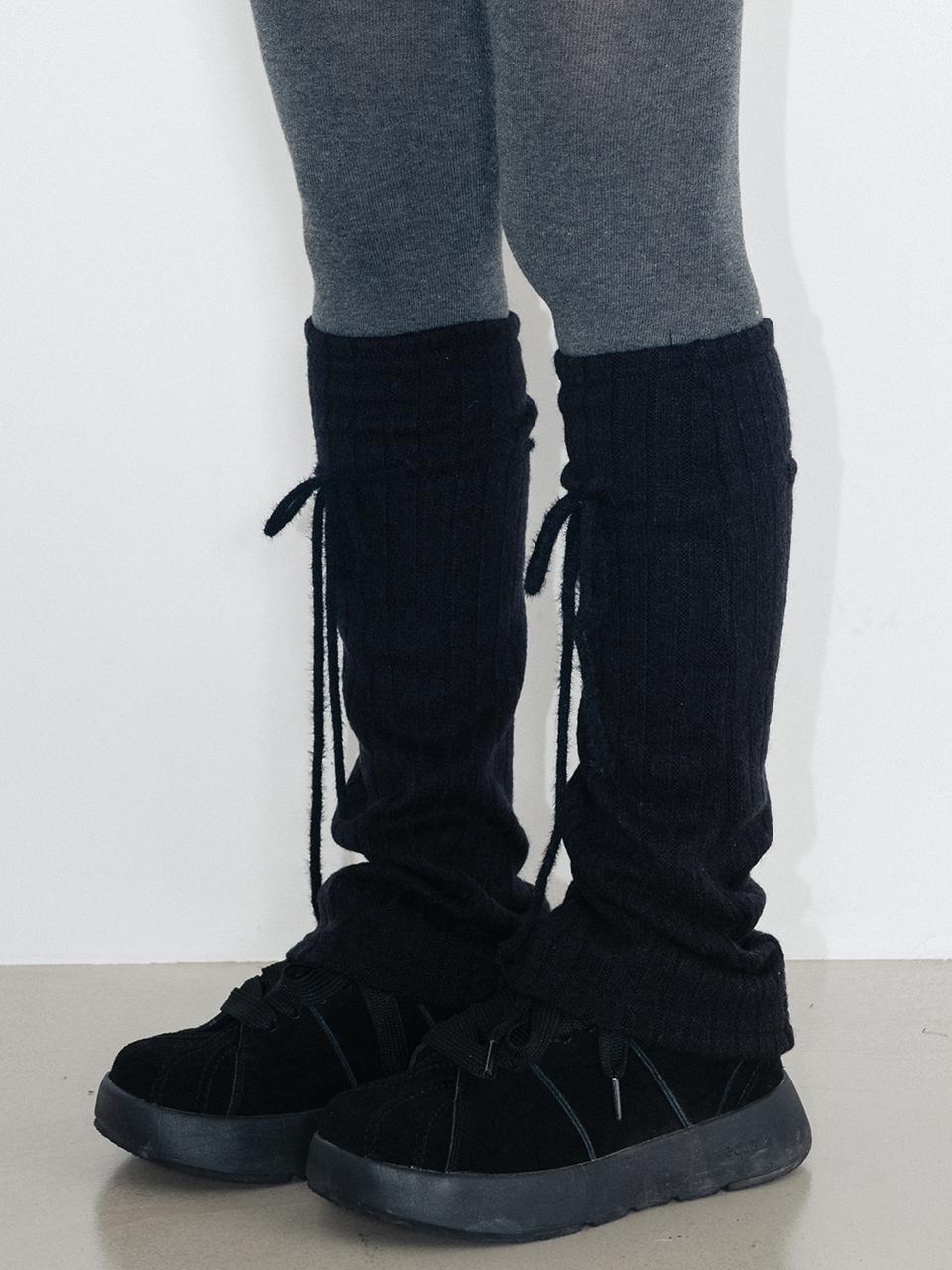 HIGHSCHOOLDISCO Ribbon Wool Ribbed Leg Warmers [Black]