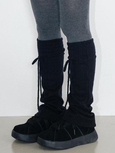 HIGHSCHOOLDISCO Ribbon Wool Ribbed Leg Warmers [Black]