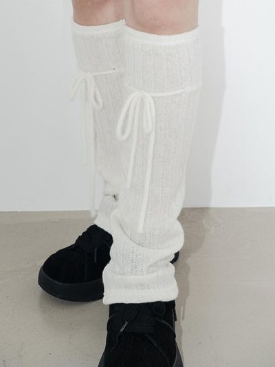 HIGHSCHOOLDISCO Ribbon Wool Ribbed Leg Warmers [Ivory]