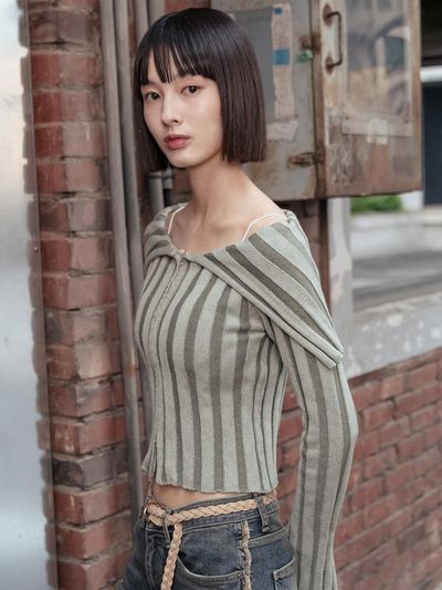 HIGHSCHOOLDISCO Sailor Off-Shoulder Knitwear Zip-Up_Khaki
