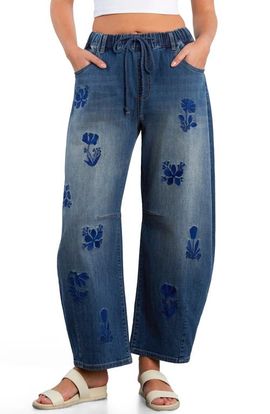 HINT OF BLU HINT OF BLU Embroidered Barrel Leg Drawstring Jeans