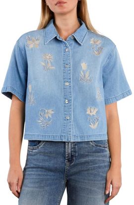 HINT OF BLU HINT OF BLU Floral Stitched Crop Denim Shirt