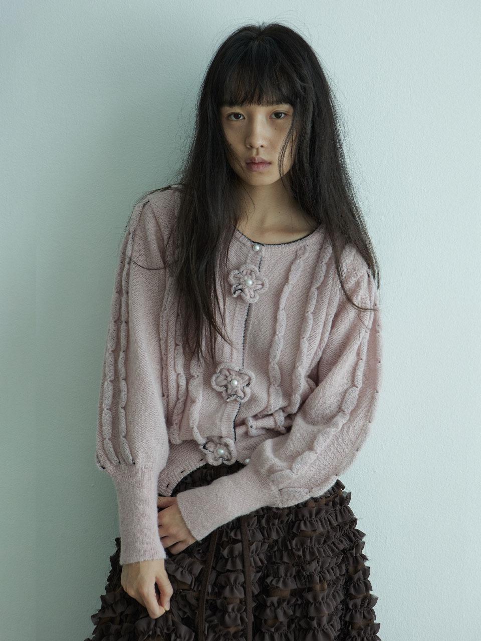HOKUSPOKUS Hand Embroidered Flower Wool Mohair Cardigan [Indipink]
