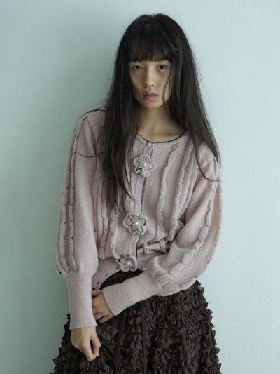HOKUSPOKUS Hand Embroidered Flower Wool Mohair Cardigan [Indipink]
