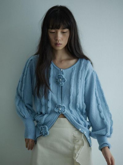 HOKUSPOKUS Hand Embroidered Wool Blend Cardigan [Baby Blue]