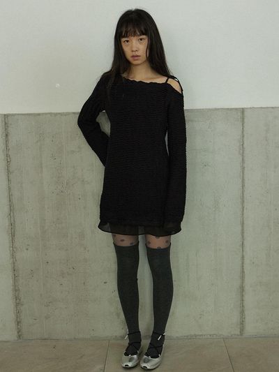 HOKUSPOKUS Wave Pattern Jersey Mini Dress [Black]