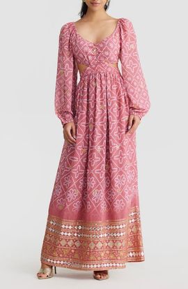 holiCHIC holiCHIC Eden Beaded Bandhani Print Long Sleeve Maxi Dress