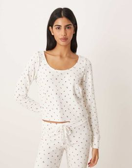 Hollister Gilly Hicks lace trim waffle long sleeve crop top in white floral - part of a set