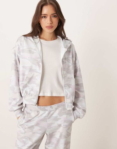Hollister Gilly Hicks slouchy crop full zip hoodie in pink camo - part of a set