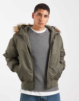 Hollister Hollister heavyweight military hooded faux fur jacket in green