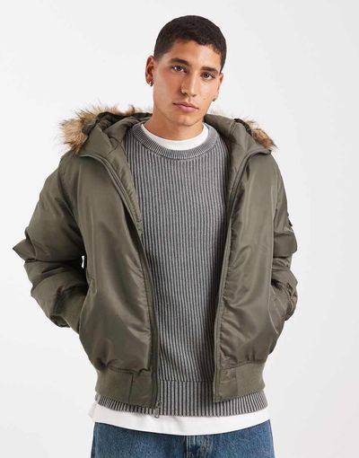 Hollister Hollister heavyweight military hooded faux fur jacket in green