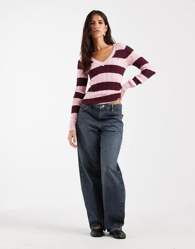Hollister Hollister icon logo v-neck knit sweater in pink and burgundy stripes-Multi
