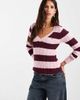 Hollister Hollister icon logo v-neck knit sweater in pink and burgundy stripes-Multi - 2