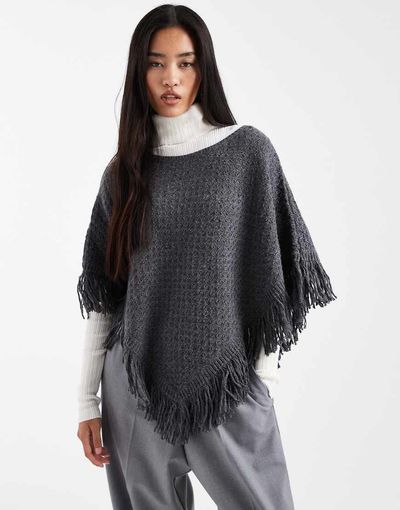 Hollister Hollister knit fringe detail poncho in dark gray