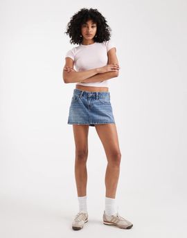Hollister Hollister low rise denim embroidered mini skirt in mid blue wash