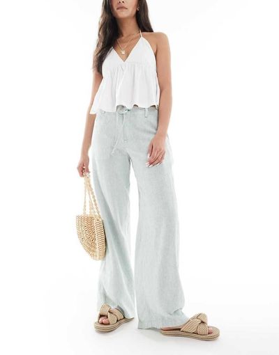Hollister Hollister low rise linen blend super baggy pants in green and white stripe
