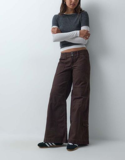 Hollister Hollister low rise wide leg utility detail pants in brown