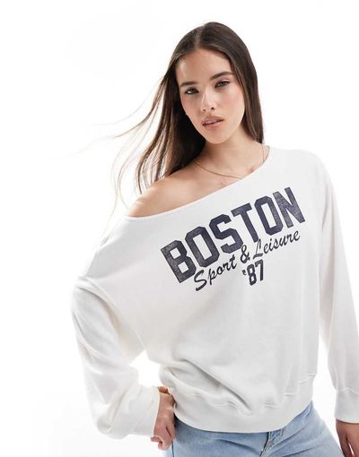 Hollister Hollister off the shoulder boston graphic sweatshirt in white