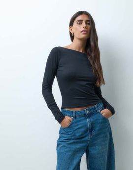 Hollister Hollister seamless long sleeve slash neck top in black