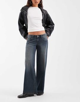 Hollister Hollister ultra low rise baggy fit jeans with adjustable detail in dark blue wash
