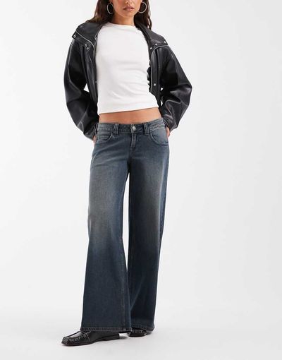 Hollister Hollister ultra low rise baggy fit jeans with adjustable detail in dark blue wash