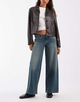Hollister Hollister ultra low rise baggy fit jeans with embroidery detail in dark blue wash