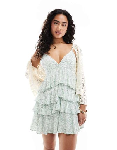 Hollister Hollister v neck spaghetti strap babydoll tiered mini dress in paisley print