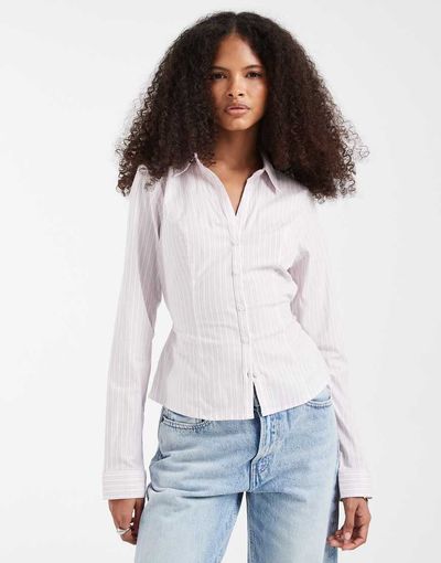 Hollister Hollister y2k long sleeve shirt with cinched waist in pink pinstripes-White