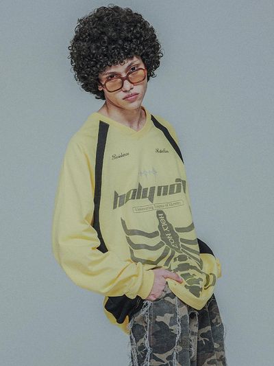 HOLY NUMBER 7 COLOR BLOCK LONG SLEEVE T-SHIRT [YELLOW/BLACK]