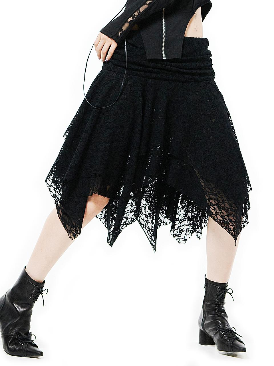 HOLY NUMBER 7 FAIRY UNBALANCED SHIRRING FLARE RUFFLE SKIRT [BLACK]