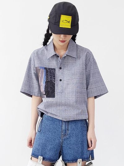 HOLY NUMBER 7 GLEN CHECK PULLOVER SHORT-SLEEVED STRING SHIRT [BLUE]