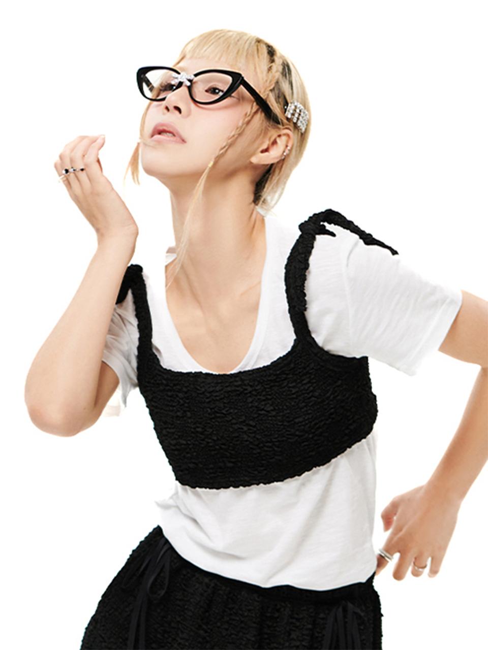 HOLY NUMBER 7 Lace Layered Bustier Blouse [BLACK]