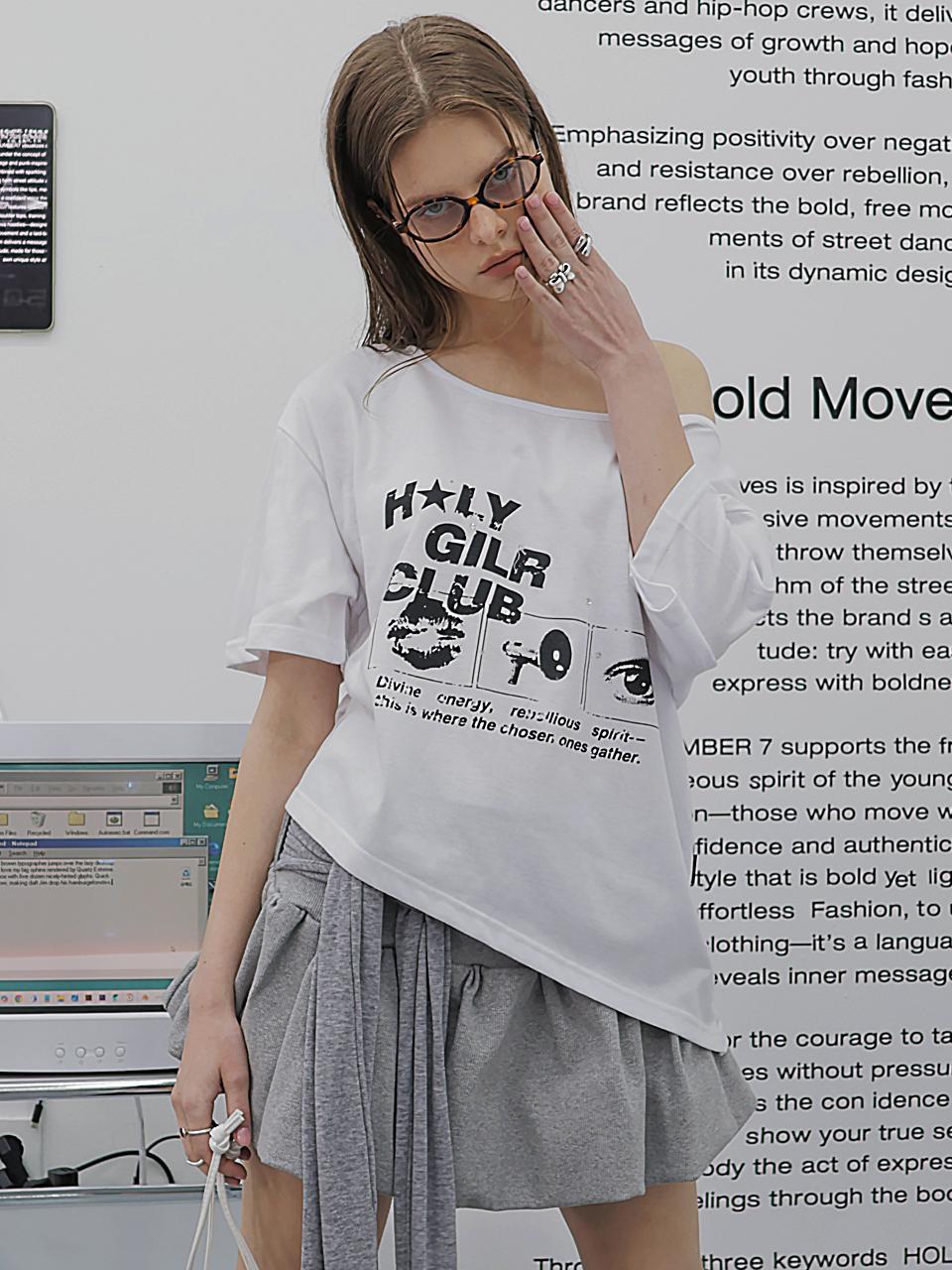 HOLY NUMBER 7 OFF-SHOULDER HOLY GIRL CLUB GRAPHICS SHORT-SLEEVED T-SHIRT [WHITE]
