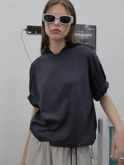 HOLY NUMBER 7 OVERSIZED HIP HOP DANCE STUDIO HOLY GIRL CLUB GRAPHICS SHORT SLEEVE T-SHIRT [CHARCOAL]