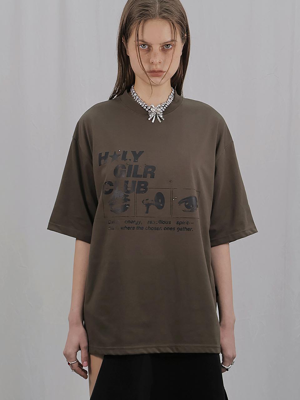 HOLY NUMBER 7 OVERSIZED HIP HOP DANCE STUDIO HOLY GIRL CLUB GRAPHICS SHORT SLEEVE T-SHIRT [KHAKI]